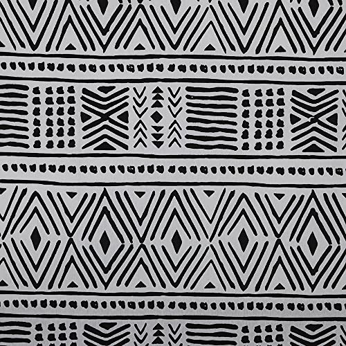 Kt KILOtela - Tela Loneta Estampada, Decoración, Tapizar, Cojines, Manteles, Bolsos, Manualidades, 100 cm Largo x 280 cm Ancho, Geométrico Étnico, Negro, Blanco ─ 1 Metro