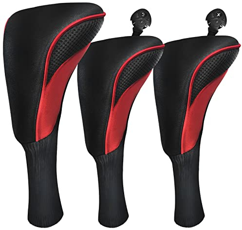 Golf Club Head Covers for Fairway Woods Driver Hybrids 3 Pieces Long Neck Mesh Sports Fan Golf Club Headcovers Set with Interchangeable No. Tags 3 4 5 6 7 X Golf Accessories for Men Women (Black Red)