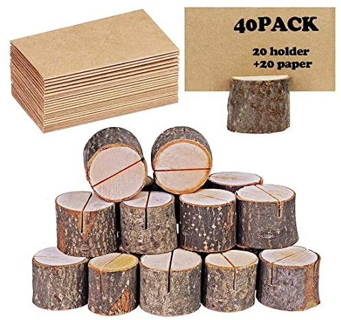 UNEED-GCY Supporto per segnaposto rustico, in vero legno con corteccia di legno, per foto, per matrimoni, feste, 20 supporti + 20 fogli di carta kraft