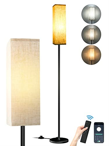 CRLL Stehlampe für Wohnzimmer Schlafzimmer Büro, Moderne Stehlampen mit Fernbedienung & Fußschalter, 2700K-6500K Stufenlos Dimmbar Leselampe mit Leinenschirm, Stehlampe mit Nachtlicht & 1H Timer