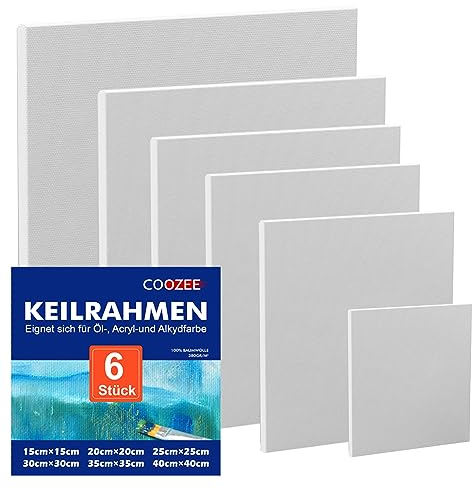 COOZEE 6 Stück Keilrahmen Set- Säurefreie Leinwand Set aus 100% Baumwolle Leinwände - Leinwand zum Bemalen für Acryl-, Aquarell-, Ölfarbe