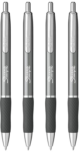 Sharpie S-Gel Pens | Medium Point 0.7mm | Black Ink | Pack of 4 | Metal Barrel Retractable Gel Pens | Steel Gunmetal Grey
