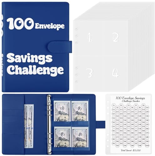 Zuozee 100 Envelope Money Challenge Binder, A5 PU Budget Book with Cash Envelopes, Savings Binder for Planning and Saving $5050, Dark Blue