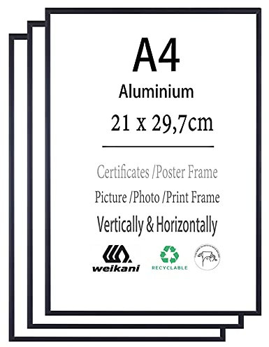 weikani Cornice portafoto in alluminio nero, formato A4, confezione da 3 cornici per foto da 15 x 21 cm, in plexiglas, per montaggio a parete o esposizione da tavolo, set da 3 pezzi