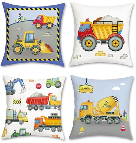 Bonhause Engineering Car Cushion Covers 45 x 45 cm Toddler Kids Toy Car Truck Decorative Throw Pillow Covers Children Pillowcases for Sofa Bed Nursery Room Home Decor Set of 4, BHP0249