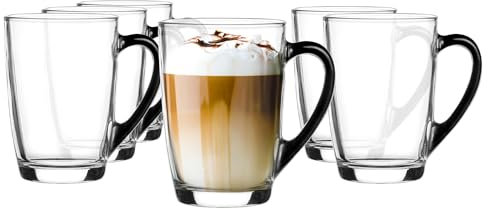 Glasmark KROSNO 1992 Kaffee Glas Kaffeeglas Mit Henkel Teeglas Becher 300 ml Glas Robust Spülmaschinenfest Hochglanz Schwarzer Henkel