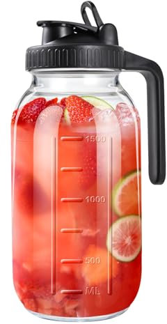 64oz Glass Pitcher with Lid, 2 Quart Mason Jar Pitchers with Lid and Spout, Wide Mouth Breast Milk Pitcher Glass Jug Sun Tea Pitchers, Cold Brew Coffee pitcher, Fridge Container for Water, Juice, Tea