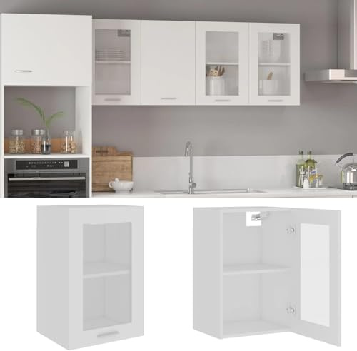 Iiaky Armario Colgante Vidrio Madera contrachapada Blanco 40x31x60 cm vitrinas para Salon mostradores para Tiendas Mueble Cocina Alto armarios pequeño
