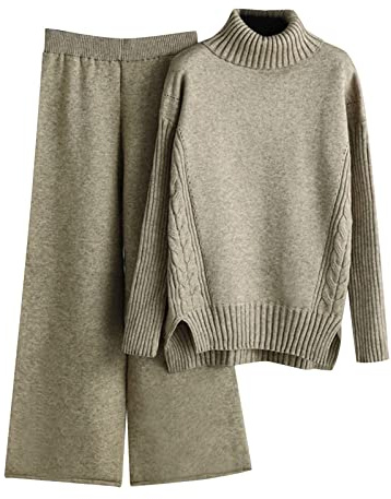 HEONSATI Tuta in Maglia da Donna Eleganti Completi 2 Pezzi Lavorati Comodo Completo Pullover Top Maniche Lunghe Pantaloni a Gamba Larga in Vita Tute Sportive Invernale Set Di Maglia Leggera