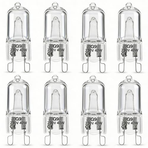 QBDIANGEN G9 Capsule Bulbs 40W 230V Warm White Dimmable Halogen Bulb 8 Pack | 2700k Warm White G9 Bulbs with Dimmable Design for Ovens, Cabinets Light, Lamps. Clear Glass Capsule With Standard Pin Base