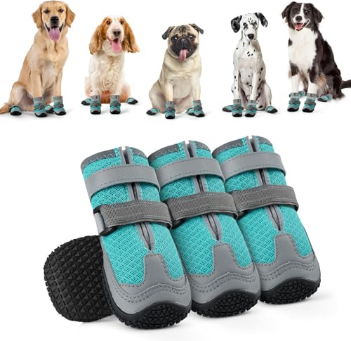 OHCOZZY Zapatos de Perro con Malla Transpirable, Antideslizante Botas con Correas Reflectantes, Protector Patas Resistente al Desgaste para Pequeños, Medianos y Grandes 4 Piezas(L,Azul)