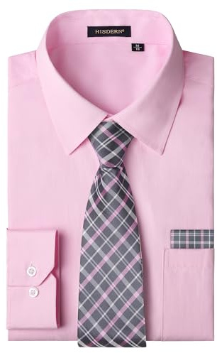 HISDERN Chemise Rose Homme Formelle Chemise Homme Manches Longues avec Cravate Casual Mariage Business avec Poche Regular Slim Fit L