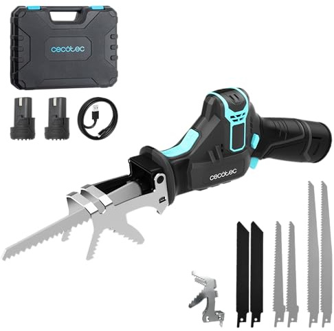 Cecotec Sierra de Sable LongFlex 1200 Home&Garden. 550W, Incluye 2 Baterías de 12V, Cortes de hasta 65mm con Recorrido de 20mm, Accesorio para Cortar Ramas, Incluye 6 Cuchillas y Maletín