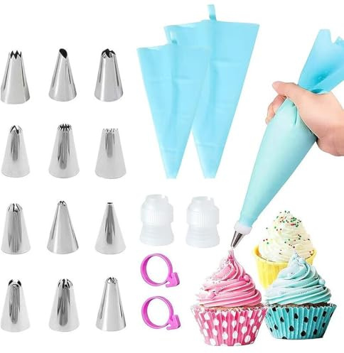 Lahkvor Set da 18 pz Sac à Poche e Bocchette per Decorazione Torte, 12 Beccucci in Acciaio Inox e Tasche Riutilizzabili, Kit Pasticceria per Cupcake e Dolci