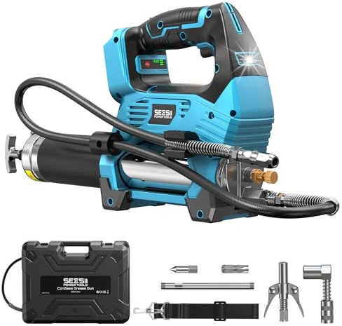 Seesii 12000PSI Ingrassatore a Batteria compatibili Anche con batterie Makita da 18 V (batteria non inclusa), 3 velocità, Motore Brushless, 3 Testina Ingrassatore, Tubo da 1m, per Attrezzature Pesanti