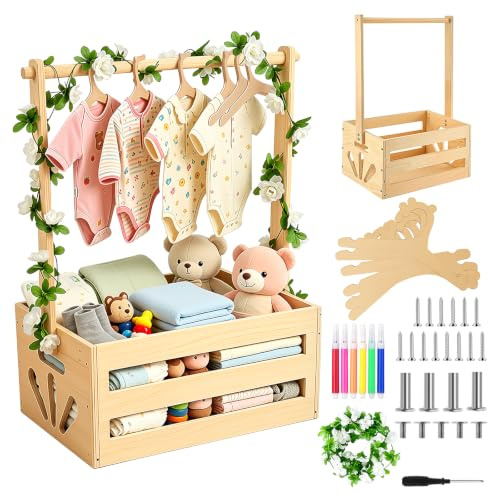 Panier Naissance Bébé en Bois avec Poignée, Coffret Cadeau Naissance, Panier de Rangement Bébé avec Cintres et Guirlande, Décoration Baby Shower, Cadeau pour Grossesse, Fille et Garçon (Couleur Bois)