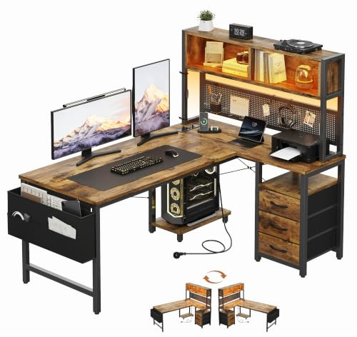 YOUDENOVA L-form skrivbord reversibelt, spelbord med LED, uttag och USB, hörnskrivbord med hylla och hålvägg, 3 lådor, datorbord för kontor, vardagsrum, hemmakontor, spel, 135 x 100 brunt