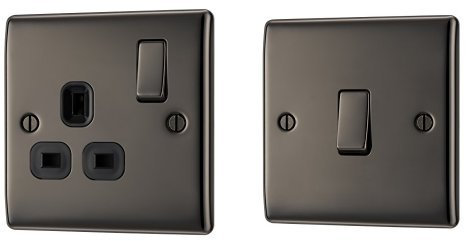 BG Electrical NBN21B 13 A Electrical 1-Gang Single Socket, Black Nickle + NBN12 10 A Electrical 1-Gang 2-Way Metal Nickle Light Switch, Black
