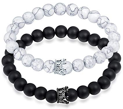 Feilok King & Queen Couronne Bracelets de Partenaires d'Amitié - Bracelets de 8mm avec Perles, Bracelet Élastique, Bracelet Cheville, BFF pour 2 Femmes Hommes, 20.5 Zentimeter, Pierre Métal