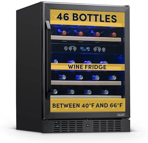 NewAir 24 Dual Zone Wine Fridge for 46 Bottles | Built-In or Freestanding Wine Cooler Refrigerator with Glass Door | Quiet Cooling & Adjustable Shelves for Red and White Wine | Black Stainless Steel