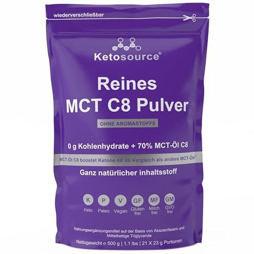 Reines C8 MCT-Pulver | 4-facher Keton-Boost im Vergleich zu anderen MCTs | Null Kohlenhydrate | Unterstützt Keto & Fasten | Vegan, sicher und glutenfrei | Geschmacksneutral | 500g Beutel | Ketosource