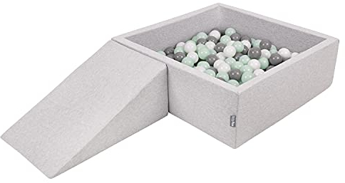 KiddyMoon Spielplatz Aus Schaumstoff Mit Quadrat Bällebad (200 Bälle) Ballgruben Für Babys Spielbad Hindernisläufen, Hergestellt In Der EU, Hellgrau:Weiß/Grau/Minze