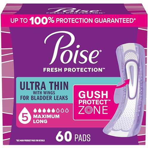 Poise Ultra Thin Incontinence & Postpartum Pads with Wings for Bladder Leaks, 5 Drop Maximum Absorbency, Long Length, 60 Count, Packaging May Vary