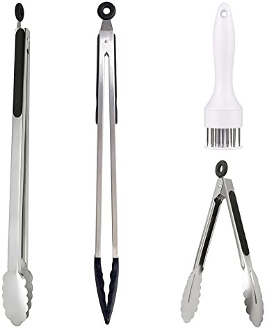 UPTALY 2 st 45 cm extra långa grilltänger, 1 st 20 cm mini salladstång i rostfritt stål, 1 st köttmälare med piercingspikar, stor storlek mattång med silikonhuvud