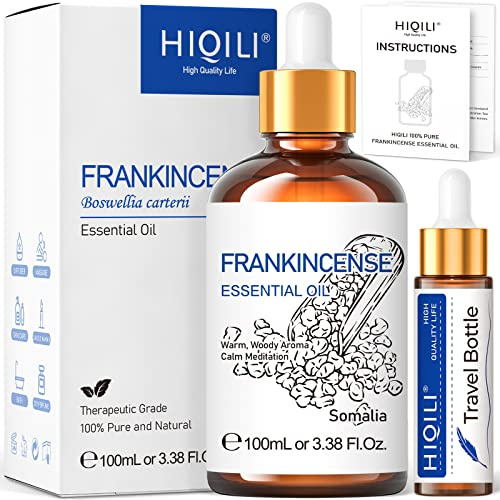 HIQILI Frankincense Oil 100ml, for Skin, Massage, Diffuser, Supports Facial Care, Relieving Discomfort, Relaxation, 100% Pure Natural, Includes Travel Bottle,Poster,Print