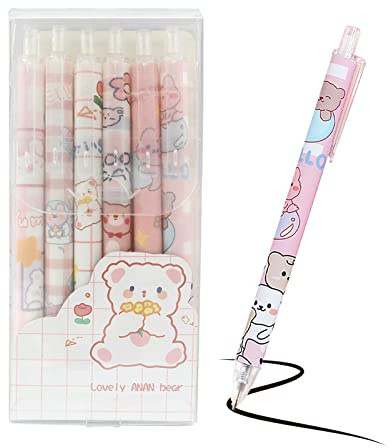 TACYKIBD 6 st gelpennor infällbar gelpenna set, tecknad penna söt Kawaii kulspetspenna, 0,5 mm söt svart påfyllning gelpennor set för barn skissa teckning skola kontorsmaterial