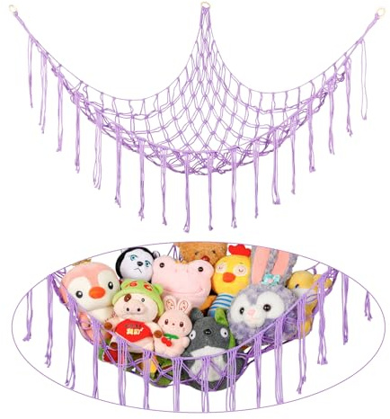 Stuffed Animal Hammock Corner, Hand-knitted Large Plushie Net Toy Hammock with Wooden Rings | Boho Cute Stuff Animal Storage for Nursery & Bedroom | Mesh Kids Toy Organizer Holder Nursery Room Decor