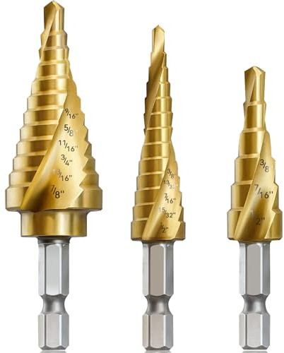 AIMLENTOOL 3PC Step Drill Bit Set, 1/4 Hex Shank High-Speed Steel Spiral Grooved Step Drill Bit for Sheet Aluminium Metal Wood Hole Drilling, 31 Step Sizes Taper Drill bit Set for DIY Lovers