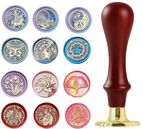 12 PCS Wax Seal Stamp,Wax Stamp Kit,Stamp Head with Removable Wooden Handle,Vintage Seal Stamp Set for Wedding Invitations Cards Envelopes Gift Packing