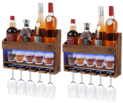 TIRYIUOU 2 Pack Wooden Wine Rack Wall Mounted with LED Light, Wall Wine Rack, Bar Liquor Shelf, Wine Glass Holder Wall Mounted, Floating Bar Shelves for Kitchen, Dining Room, Home Bar