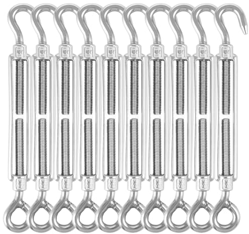LOPYXBR Lot de 10 Tendeurs M8 x 190 mm, en Acier Inoxydable 304, Tendeurs Réglables Avec Crochet et Œillet, Tendeur de Voile d'Ombrage, Tendeur de Corde à Linge, Tendeur de Clôture Pour Fil de Jardin