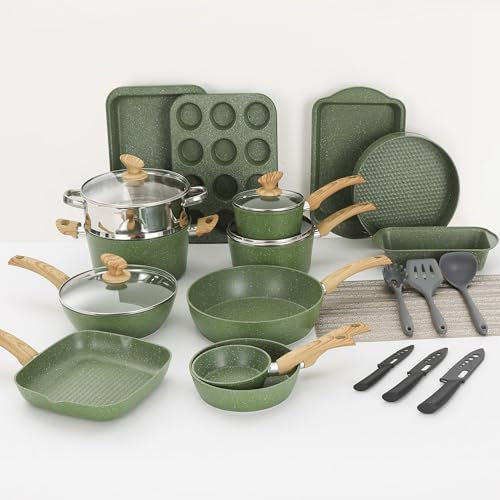 Kitchen Academy Bakeware and Cookware Set, 30 Piece Non-Stick Pots and Pans Set, Induction Pan Set, Granite Non-Stick Saucepan Set (Green)