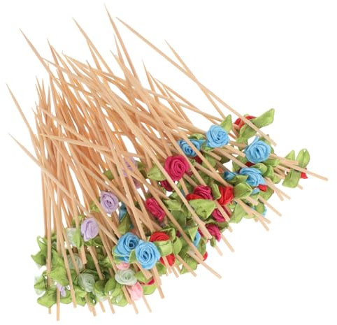 HOLIDYOYO Palillos De Dientes Decorativos Para Aperitivos De Fiesta 12 Cm, Brochetas De Embutido De Madera Rosas De Tela, 100 Unidades Para Cócteles y Postres