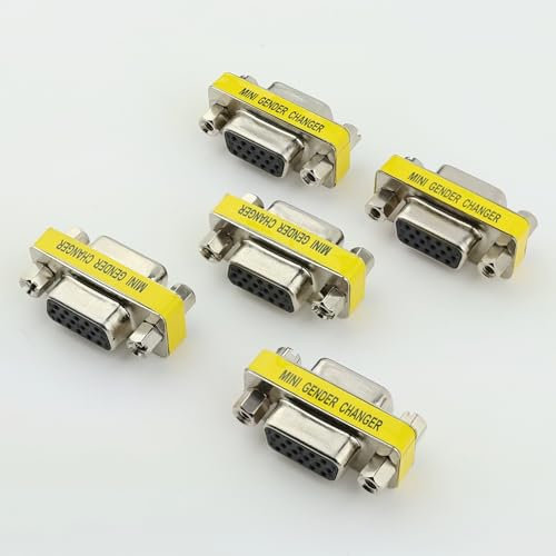 RHINORO 5-Pack, VGA Gender Changer Adapter Coupler Connector, 15-Pin Female to Female, Silver and Yellow, for Monitor Projector