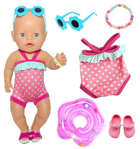 Baby Doll Clothes for 14-17 Inch / 35-43cm Baby Dolls, Pink Baby Doll Swimsuit with Animal Swim Ring Glasses Slippers Pearl Bracelet, New Born Baby Doll Swimming Clothes for Girls