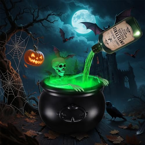 Decoraciones de Halloween para interiores, cuenco de caldero de brujas de plástico negro con esqueleto, botellas de poción flotantes mágicas y fabricante de niebla de luces verdes, caldero decoración