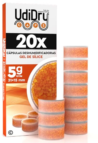 20 Capsule Essiccanti per Apparecchi Acustici UdiDry Caps 5g 31mm con Indicatore di Colore - Capsule Anti Umidità con Gel di Silice di Alta Qualità per Asciugatura Dispositivi Acustici