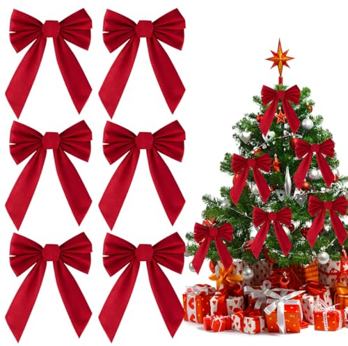 EZOULUOBA Röd julrosett, stor, set om 6, 34 x 26 cm, elegant julrosett av sammet för julgran och dörrkrans, stora röda rosetter som dekoration – lyxig, återanvändbar, festlig