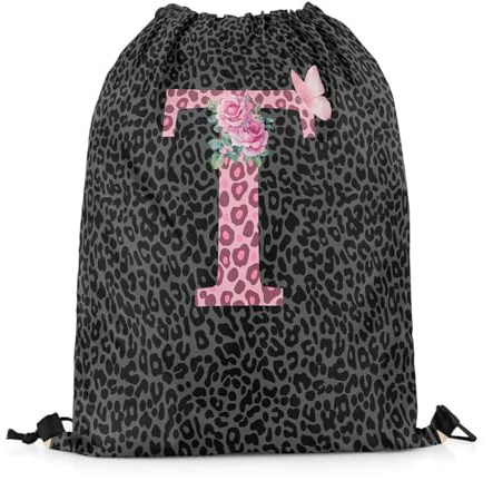 Castle Fairy Leopard Print Sports Backpack Monogram Letter T Drawstring Sackpack Cheetah Skin Flower Pink Black Drawstring Backpack for Women Gym Shopping Sport Yoga