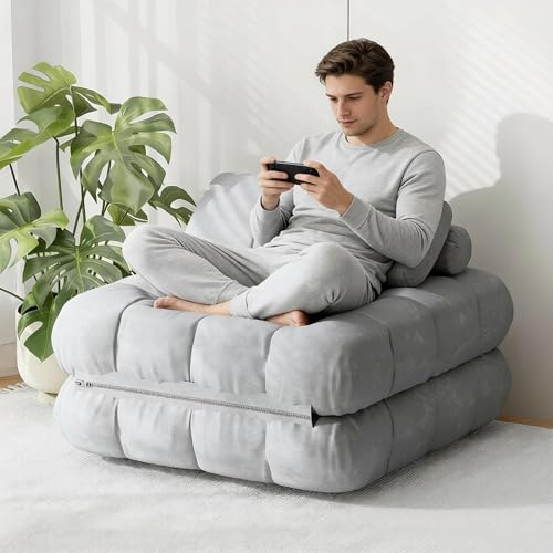 Folding Sofa Bed, 90CM Convertible Single Chair Bed with Pillow, Grey