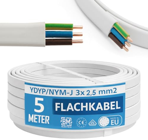 NYM kabel 3 x 2,5 mm² YDYp – strömkabel 3-polig 2,5 mm², platt kabel 5 m, 11 x 6 mm, fönstergenomföring, fuktrumskabel, massiva kopparledare, 300/500 V