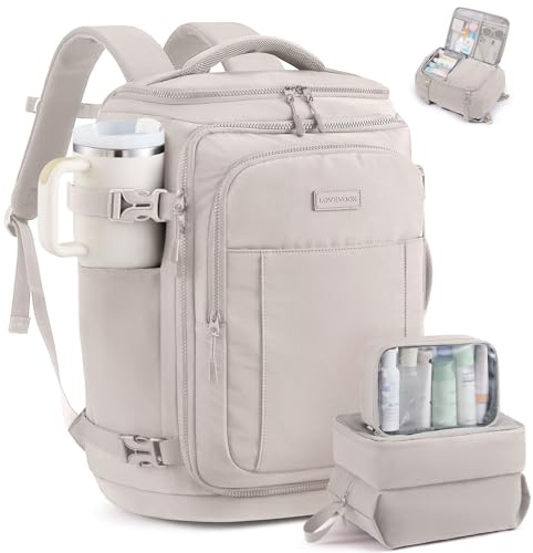 LOVEVOOK Travel Backpack for Women & Men, 40L TSA Approved Carry On Backpack with 3 Packing Cubes, Waterproof Weekender Overnight Bag for 2-4 Day Trips, Business & Travel Essentials, Beige Gray