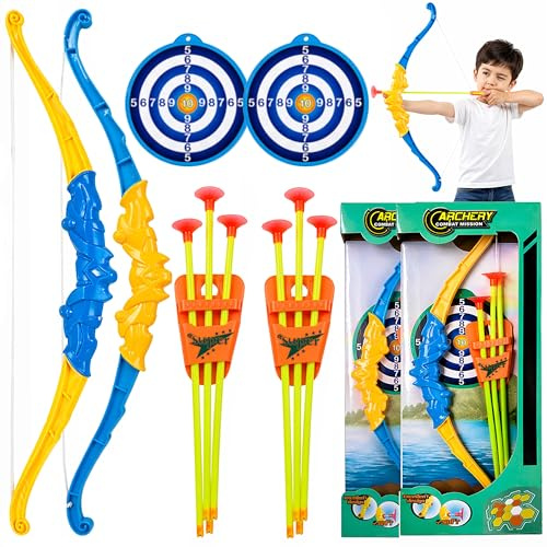 2x Kids Archery Set Bow and Arrow Toy with Target – Safe Suction Cup Arrows Shooting Game, Indoor Outdoor Sports Toy for Boys & Girls Age 3+, Beginner Archery Kit Gift