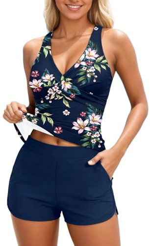 Tankini 2 pièces pour femme, maillot de bain tankini à lanières, maillot de bain athlétique, maillot de bain deux pièces, imprimé floral, maillot de bain gainant avec short taille haute, noir foncé, L