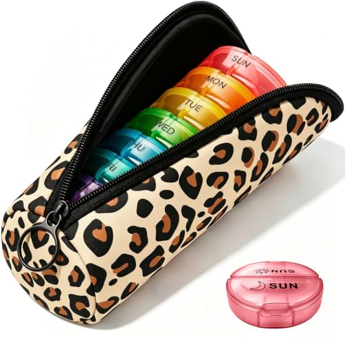 Portable Round Pill Box with Zipper Pouch, Classic Leopard Travel Pill Organiser for Tablets, Vitamins, Capsules and Supplements, Compact Medicine Case