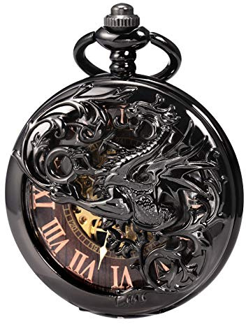 TREEWETO Orologio da tasca meccanico antico fortunato drago quadrante scheletro con catena per uomini donne + scatola, 5. bronzo marrone, 5. bronzo marrone